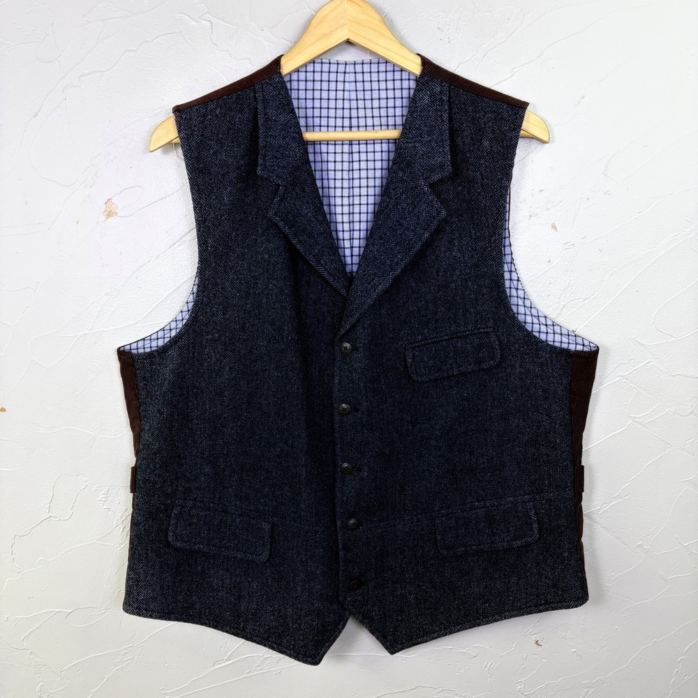 Kroon Vest Waistcoat Men L Gray Herringbone Wool Bamboo Corduroy Academia Preppy